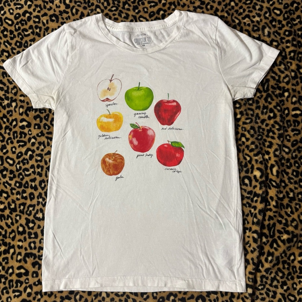 J. Crew White and Green Short Sleeve Tee with Apple Design